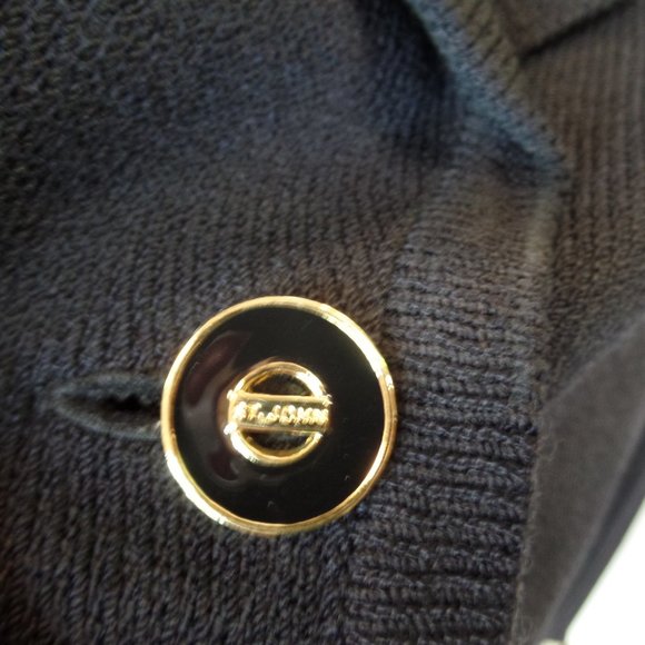 St. John 2 Piece Knit Black Jacket & Skirt Bright Gold Logo Buttons Size 14 - Picture 16 of 16